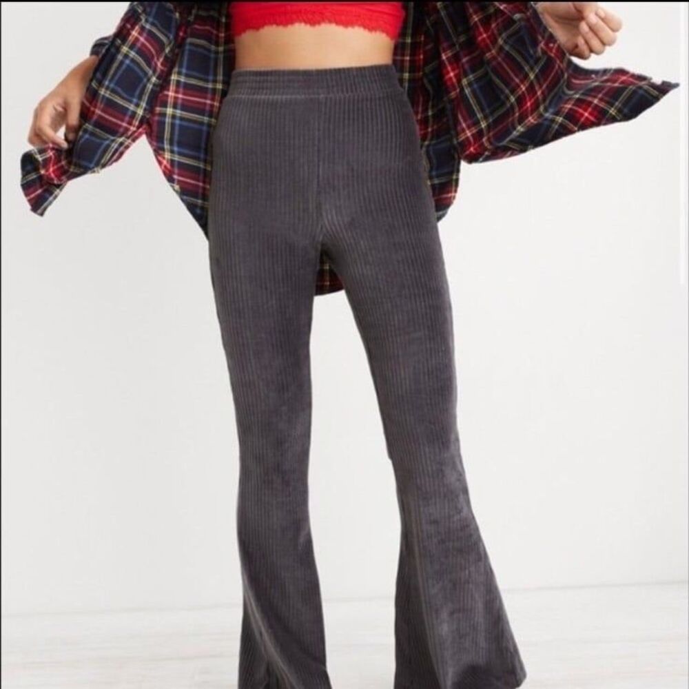 Aerie Groove On Ribbed Velour Flare Pants Dark Grey